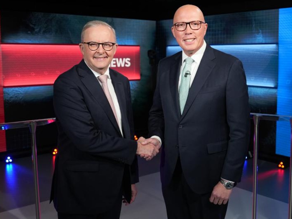 Prime Minister Anthony Albanese and Opposition Leader Peter Dutton debate at the ABC’s Parramatta studio in Western Sydney, moderated by David Speers on April 16. Picture: Matt Roberts/ Pool/ ABC