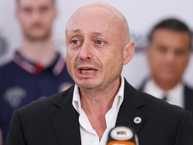 SYDNEY, AUSTRALIA - MAY 12:  NBL owner Larry Kestelman speaks to the media during a NBL media announcement at Hoops Capital East on May 12, 2025 in Sydney, Australia. (Photo by Matt King/Getty Images for the NBL)