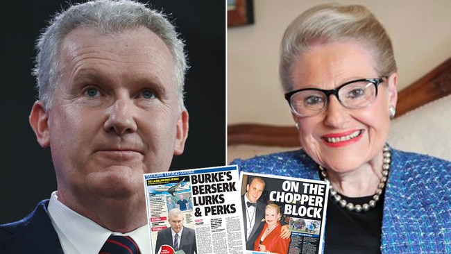 Bronwyn Bishop, right, has called Tony Burke out for his criticisms of her when she chartered a private chopper and charged it to the taxpayer. Pictures: Supplied