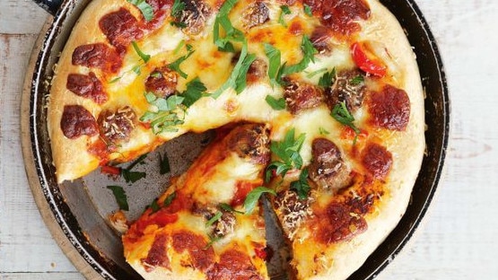 Deep-dish Italian meatball pizza.