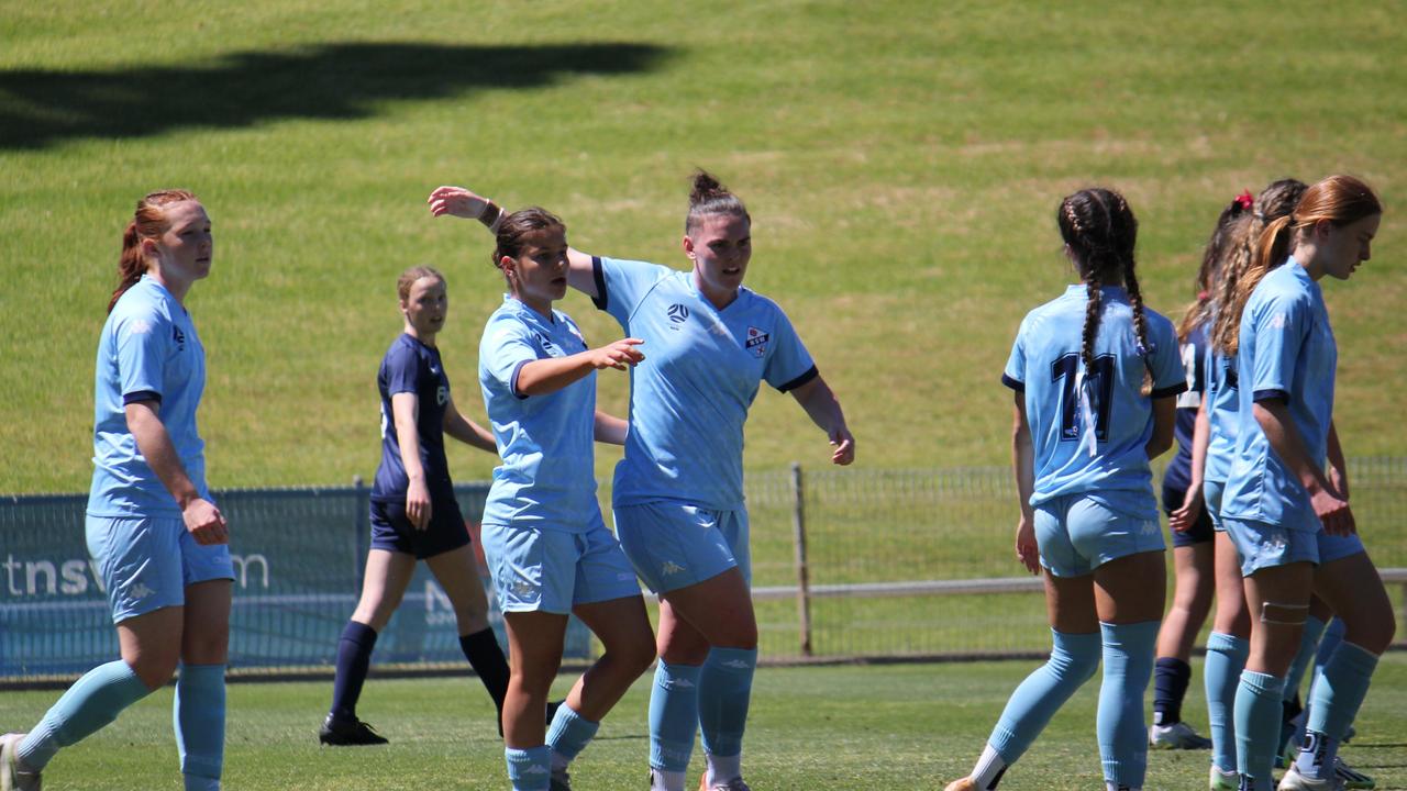 NSW Metro celebrate a Sienna Dale goal. Picture: Kevin Merrigan