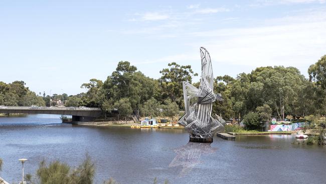 An artist’s impression of how the Uniting A Nation sculpture could look on the preferred site of Torrens Lake. Artwork: Ray Hirst