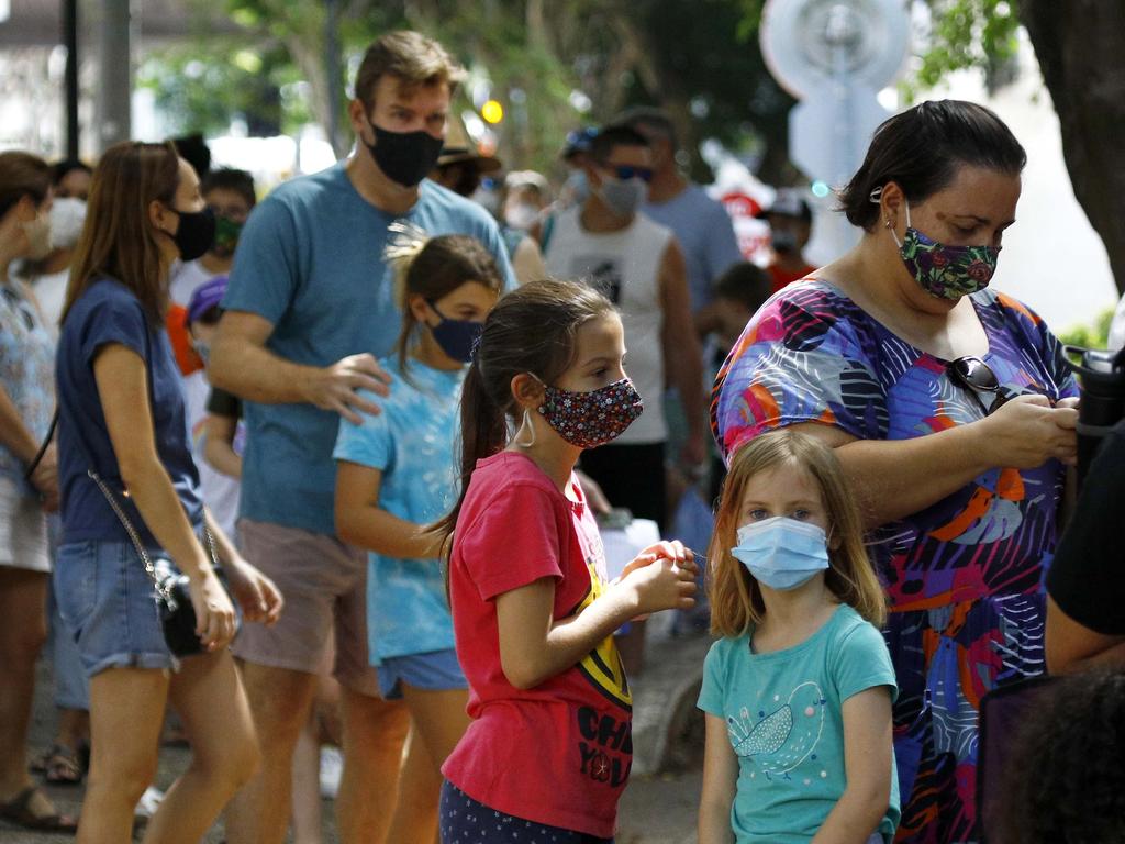 The queue outside the Brisbane Convention Centre as children aged between five and 11 became eligible to get the Covid-19 vaccine. Picture: NCA NewsWire/Tertius Pickard