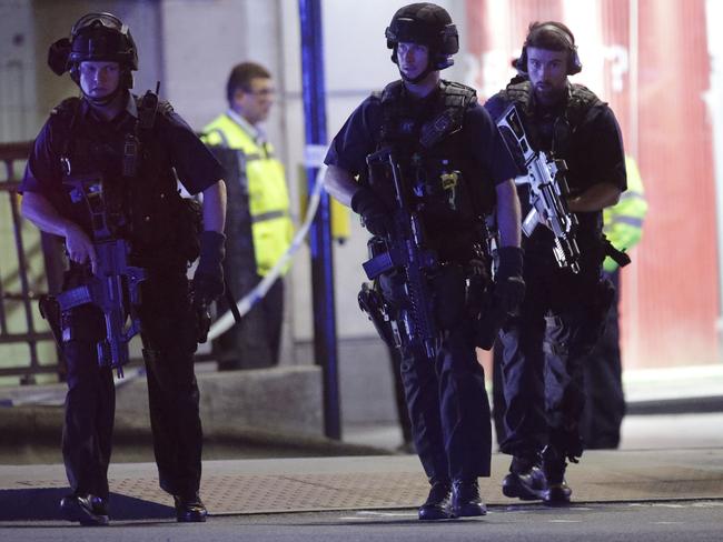 Police swarmed areas near London Bridge and Borough Market in the heart of the British capital Saturday. Picture: AP