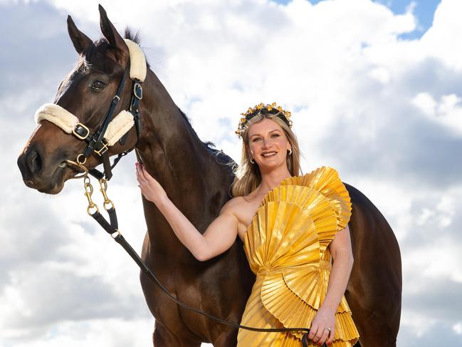 Jockey Jamie Kah in spring racewear with Spring Racing Carnival contender (and Group 1 Blue Diamond winner) Hayasugi at Clinton McDonald Racing, Cranbourne Training Complex. Picture: Jason Edwards