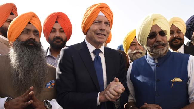 Tony Abbott at the Golden Temple in Amritsar on Sunday. Picture: AFP