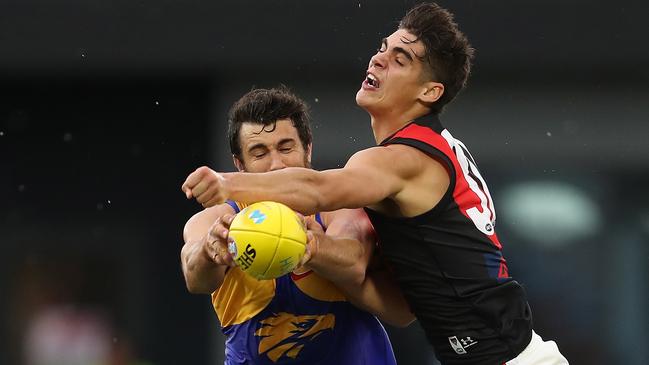 PERTH, AUSTRALIA - FEBRUARY 27: Brandon Zerk-Thatcher of the Bombers spoils the mark for Josh Kennedy of the Eagles during the 2020 Marsh Community Cup AFL match between the West Coast Eagles and the Essendon Bombers at Mineral Resources Park on February 27, 2020 in Perth, Australia. (Photo by Paul Kane/Getty Images)