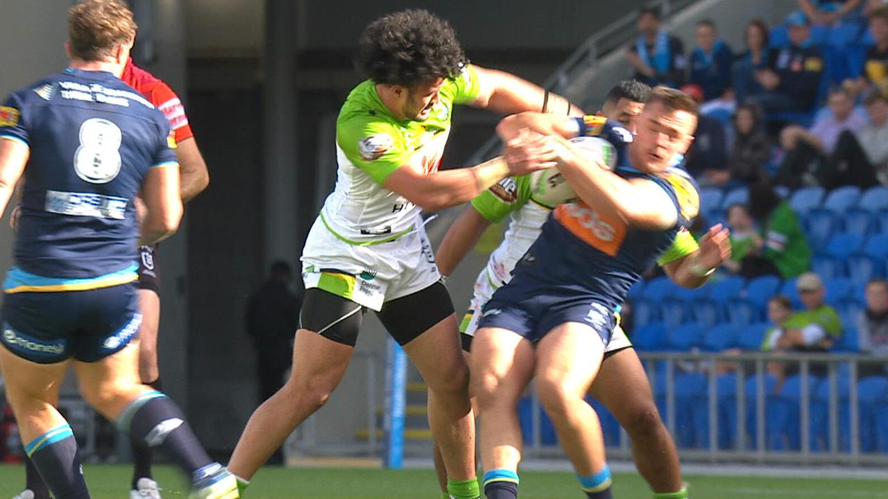 Corey Harawira-Naera is penalised for a shoulder charge.