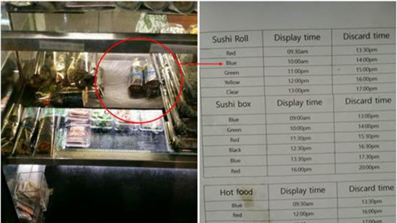 Photos by Willoughby Council show time control colour (blue) coding and the sushi rolls on display to customers that were past the designated discard time on December 17, 2020.
