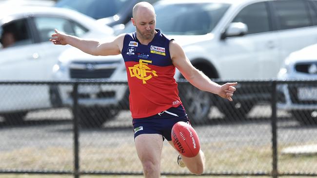 Cole Laurie of Diggers Rest is seen in action during the RDFL footy match at the Diggers Rest Recreation Reserve, Saturday, April 6, 2019. RDFL footy: Diggers Rest v Rupertswood. (AAP Image/James Ross) NO ARCHIVING