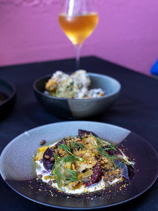 One of the dishes in Pam's Bottles and Cups’ “Feed Me” option on their menu is roasted beetroot with sauteed leeks, pistachios and a scattering of dill and goats cheese. Picture: Therese Heland