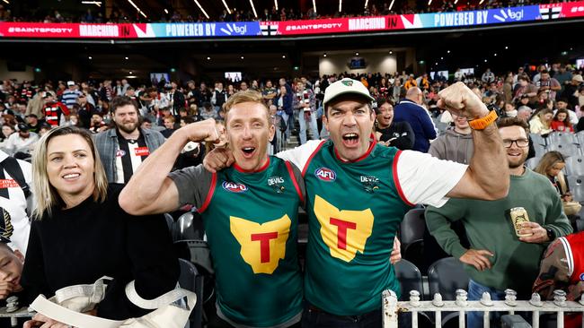 Tasmania Devils fans Bradley Cox-Goodyear (left) and Will Tatchell. (Photo by Michael Willson/AFL Photos via Getty Images)