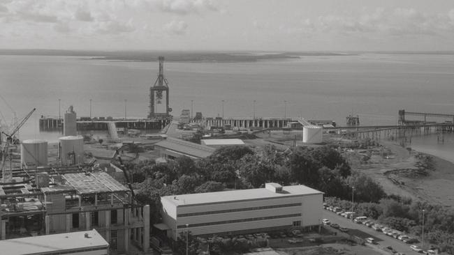 Darwin skyline from the roof on NT House toward Fort Hill Wharf, Supreme Court under construction taken on 2 February 1990. Picture: Library &amp; Archives NT