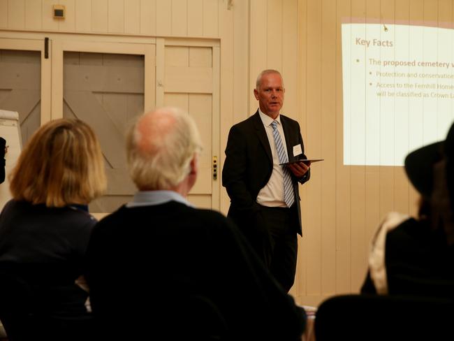 RGCRT chief executive George Simpson at the first of 40 community meetings held at Fernhill Estate. The trust’s plan was to have a “predominantly lawn-style” cemetery on 40 per cent of the total 384ha site, developed over three stages, with entry via Mulgoa Rd. Picture: Justin Sanson