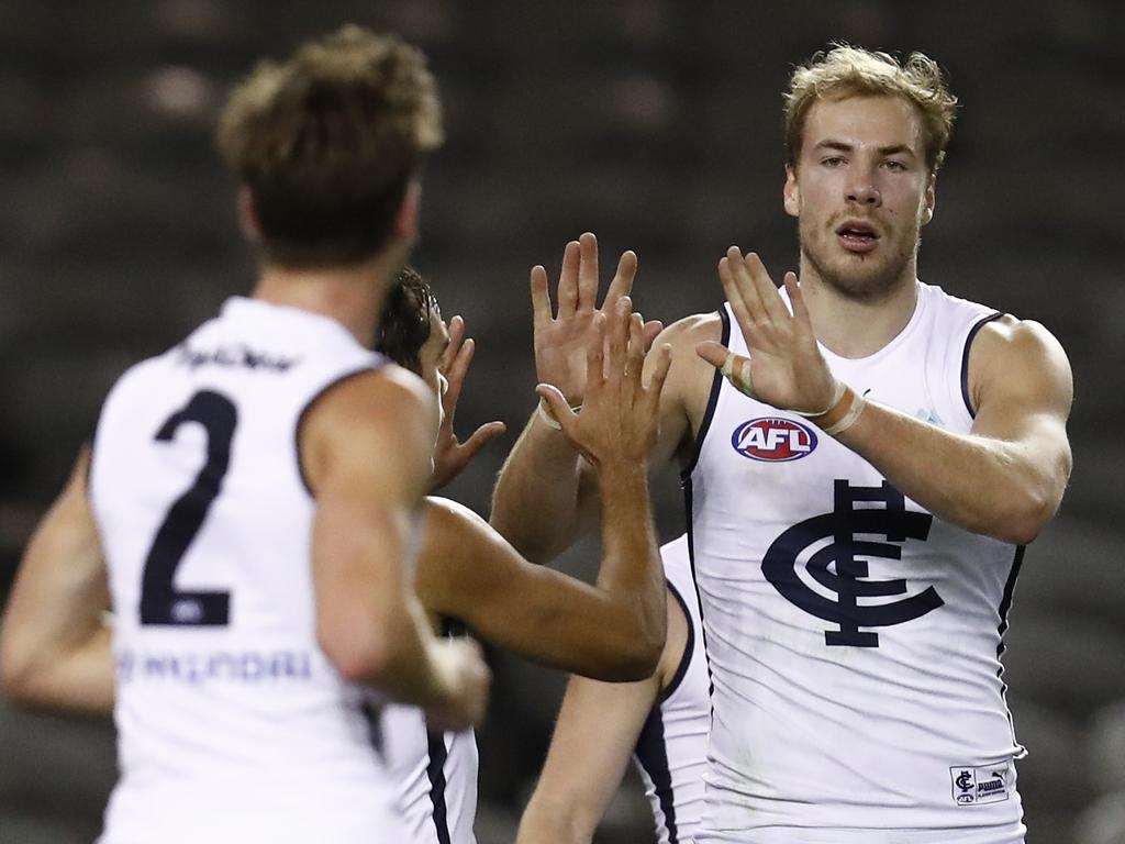 McKay (R) booted five goals to extend his lead in the race for the Coleman Medal. (Photo by Darrian Traynor/Getty Images)