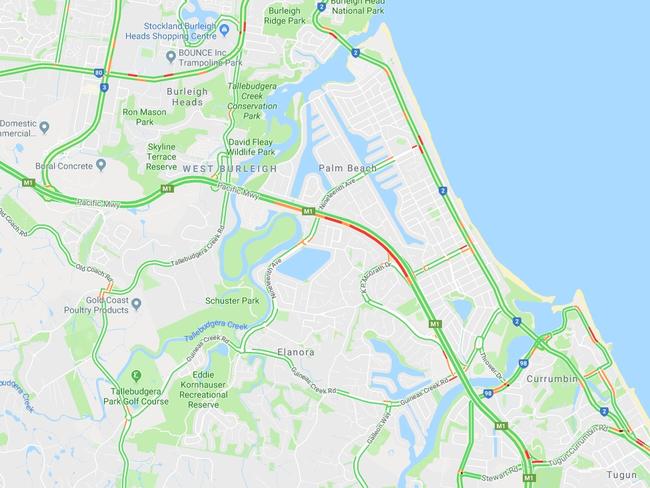 Heaviest Gold Coast traffic at 1.45pm. Picture: Google Maps