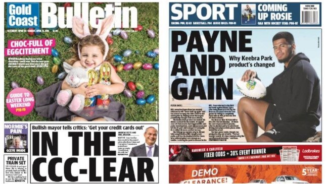 The Gold Coast Bulletin's front and back pages.