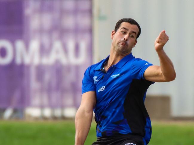 Wes Agar bowls for Northern Tide against Southern Storm at DXC Arena. Picture: NT Cricket.