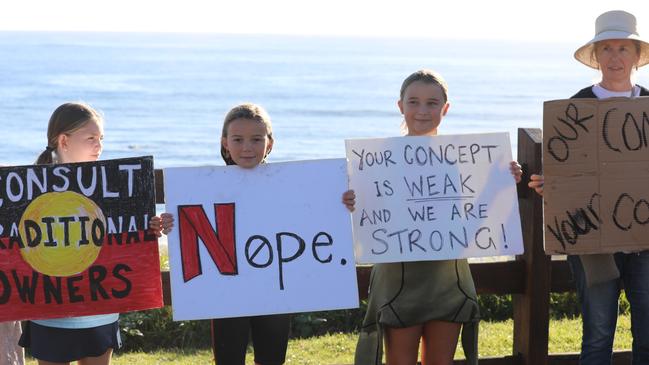 Members of the public took part in a paddle-out at Byron Bay's Main Beach to protest against the planned Netflix reality show Byron Baes on the morning of Tuesday, April 20, 2021. Picture: Liana Boss