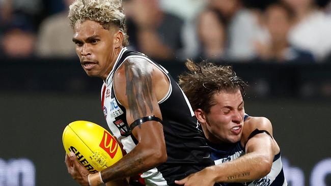 Jhye Clark impressed with his defensive efforts against the Saints. Picture: Michael Willson/AFL Photos via Getty Images