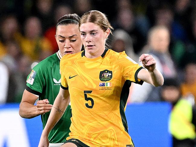 SYDNEY, AUSTRALIA - JULY 20: Cortnee Vine of the Matildas breaks away from the defence during the FIFA Women's World Cup Australia & New Zealand 2023 Group B match between Australia and Ireland at Stadium Australia on July 20, 2023 in Sydney, Australia. (Photo by Bradley Kanaris/Getty Images)