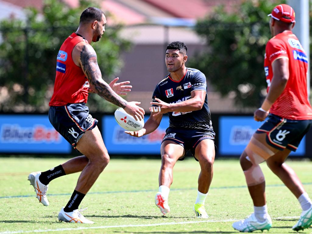 Isaiya Katoa passes the ball during a Dolphins NRL training session at Kayo Stadium on March 07, 2024 in Brisbane, Australia. (Photo by Bradley Kanaris/Getty Images)