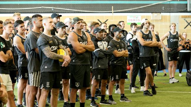 Port Adelaide players watch on as Tom Jonas is announced as captain at Alberton Oval. Picture: AAP Image/Kelly Barnes