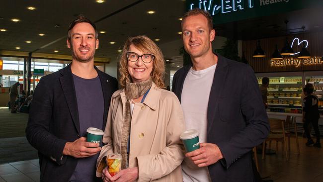 Co-Founder of Liv Eat Chris Button, Hobart Airport Operations Manager Kate Chessells and Liv Eat Co-Founder Troy Sutcliffe at Hobart Airport. Picture: Linda Higginson