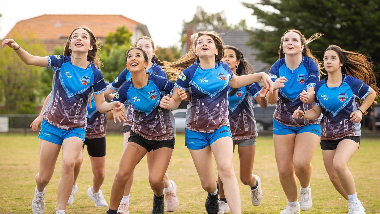 Young female footballers from the Ormond Junior Football Club Under 14 AFL 9s competition. Picture: Mark Stewart