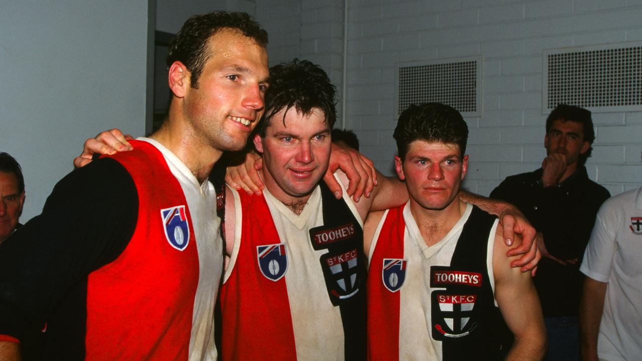 St Kilda legends Stewart Loewe, Danny Frawley and Robert Harvey.