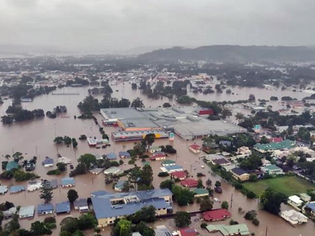 LISMORE, AUSTRALIA - NewsWire Photos FEBRUARY 28, 2022: An aerial image of Lismore in northern NSW shows extensive flooding as the region experiences the worst floods in a century. Picture: NCA NewsWire