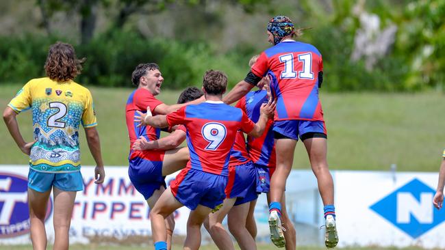 The Newcastle-Maitland Region Knights celebrate a try against the Northern Rivers Titans during round one of the Andrew Johns Cup. Picture: DC Sports Photography.