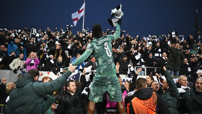Yves Bissouma celebrates with Tottenham Hotspur fans.(Photo by Justin Setterfield/Getty Images)