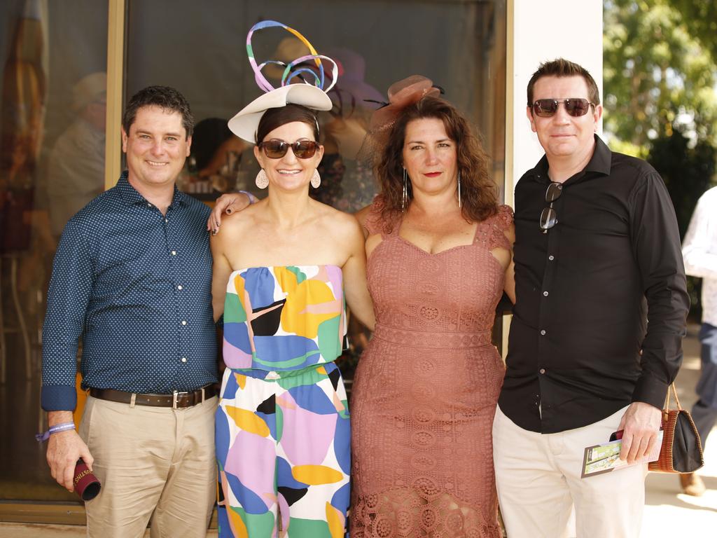 Dustin Warthold, Lauren Warthold, Toni Young and Robert Smith enjoy the 2019 Darwin Cup. Picture: GLENN CAMPBELL