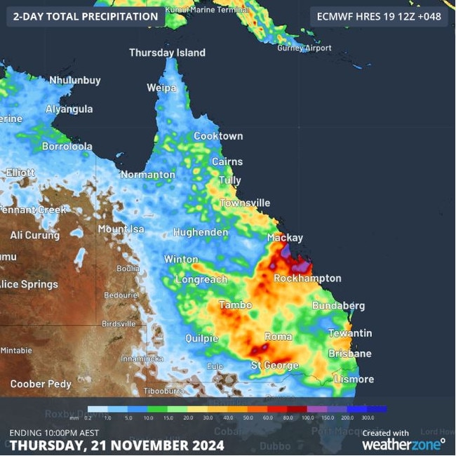 Forecast accumulated rain over Queensland during the 48 hours ending at 10pm AEST on Thursday, November 21. Picture: Weatherzone