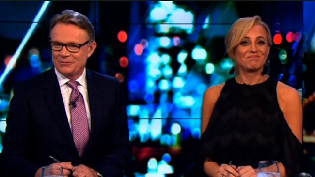 Judging by Hugh Riminton and Carrie Bickmore’s awkward expressions Gleesons’ refusal to leave had not been planned. Picture: Channel 10