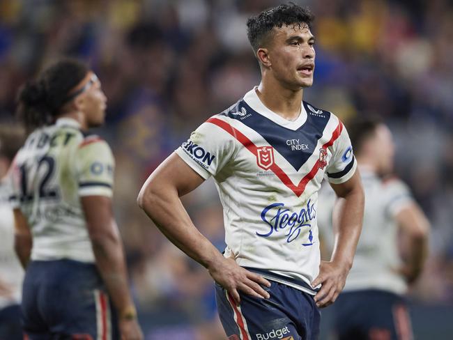 SYDNEY, AUSTRALIA - JUNE 18: Joseph Suaalii of the Roosters looks on during the round 15 NRL match between the Parramatta Eels and the Sydney Roosters at CommBank Stadium, on June 18, 2022, in Sydney, Australia. (Photo by Brett Hemmings/Getty Images)