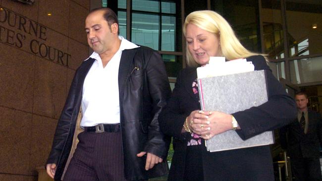 Tony Mokbel and his lawyer Nicola Gobbo outside the Melbourne Magistrates Court.