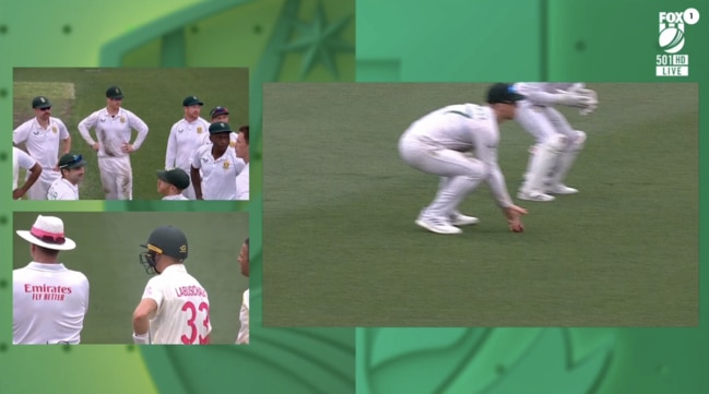 Marnus Labuschagne survived this low ‘catch’ claimed by Simon Harmer at SCG