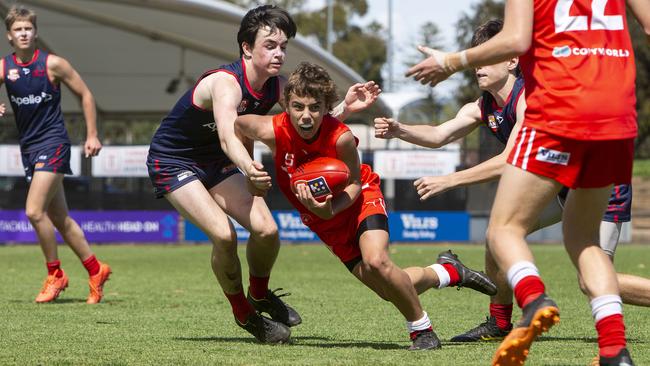 Action from the Metro U15 Boys match between Norwood and North on day three of the SANFL Intrastate Carnival at Thebarton Oval. Picture: Emma Brasier