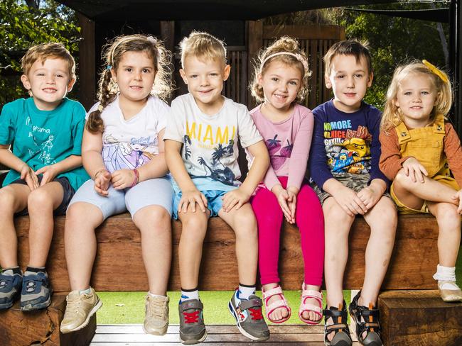 Kids Coronavirus.Six kids at preschool for story about how kids have handled changes to life because of coronvairus.L-R: Cameron McKelson, 4, Ariana Devine, 4, George Hassan, 4, Meliah Zanoni, 4, Carter Wiffen, 4, and Abigail Parkinson, 3.Picture: NIGEL HALLETT