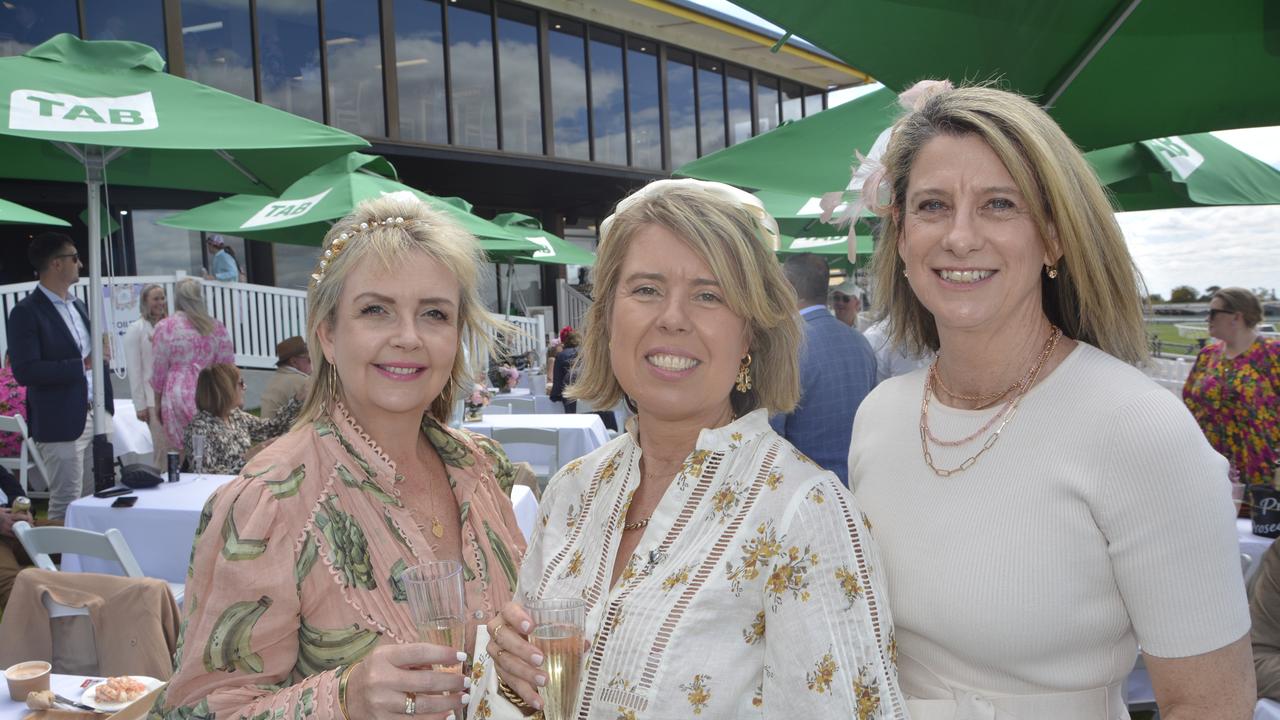 Dee Lynch, Kerry Collins and Alison Fynes-Clinton at the 2023 Audi Centre Toowoomba Weetwood race day at Clifford Park Racecourse.