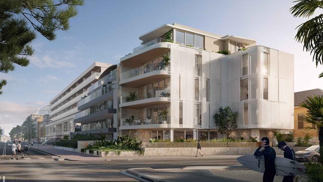 An artist's impression of a proposed five-storey apartment block redevelopment at 61 North Steyne, Manly, looking south towards the Manly CBD. Picture: Plantation Architects