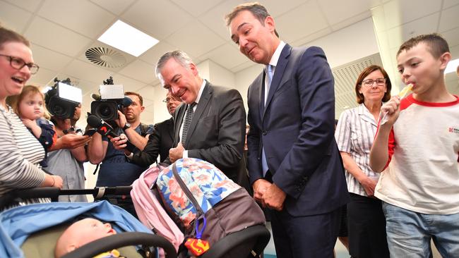 Premier Steven Marshall and Health Minister Stephen Wade visit the Women's and Children's Hospital. Picture: AAP / David Mariuz