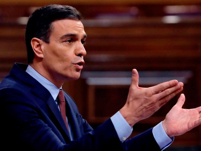 Spanish Prime Minister Pedro Sanchez speaks a debate on the extension of a national lockdown. Picture: AFP.