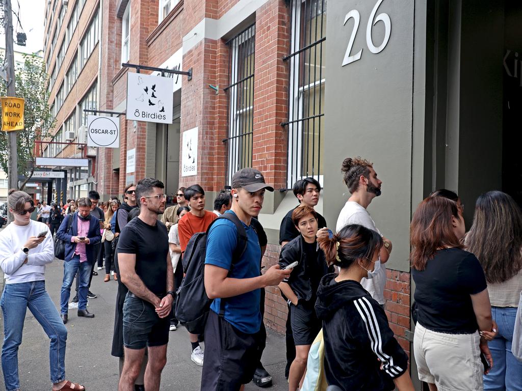 Dozens of Sydneysiders pictured lined up outside an open-for-inspection rental apartment in Surry Hills. Picture: NCA NewsWire / Nicholas Eagar