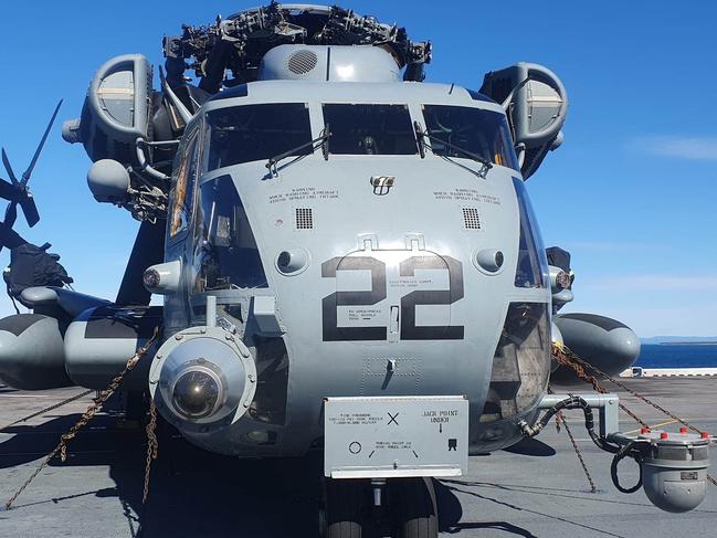 One of the helicopters on board the USS America. Picture: Jodie Munro O'Brien