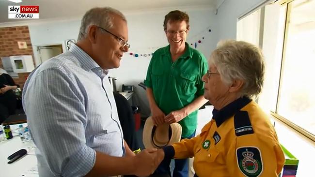 NPM Scott Morrison with RFS volunteer Jacqui. Picture: Sky News