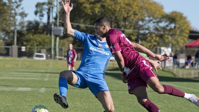 Jordan Tucker, Thunder and Guilherme Santana, Logan. SWQ Thunder vs Logan Lightning. NPL football. Sunday, 2nd Aug, 2020.