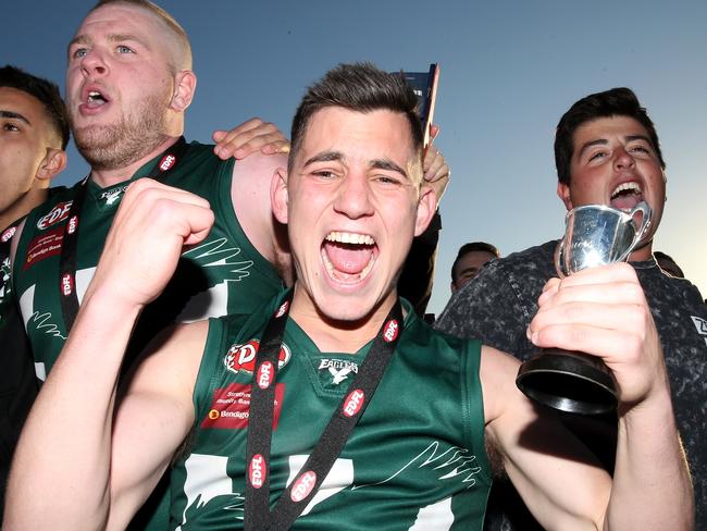 Airport West players celebrate win in the EDFL Division 1 grand final match between Airport West and Tullamarine played at Windy Hill in Essendon on  Saturday 8th September, 2018.